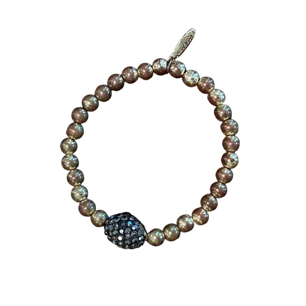 Natasha Gold Tone Beaded Bracelet with Rhinestone Charm, Stretch, Modernist